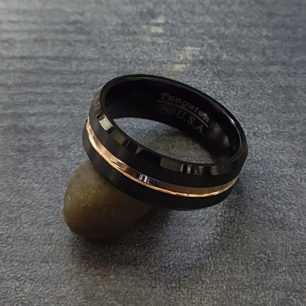 Engraved Men's Real Black Tungsten Wedding Ring With Gold Line Center Groove